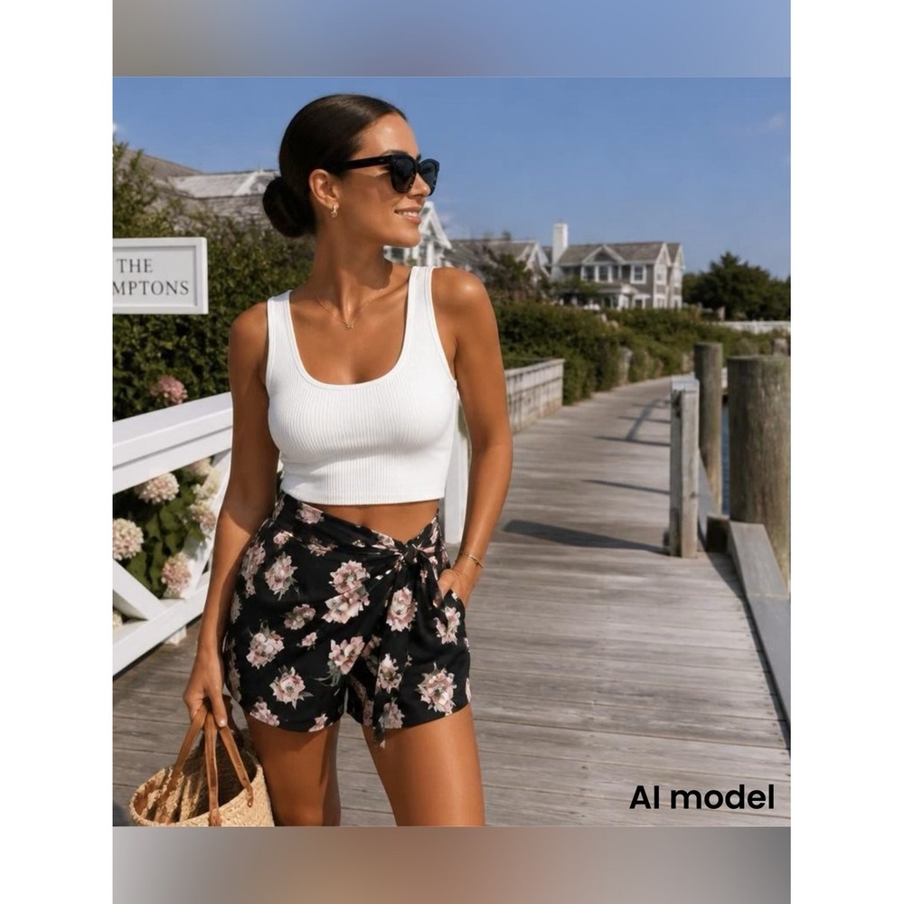 Floral Tie-Front Women's Shorts - Black with Pink Flowers